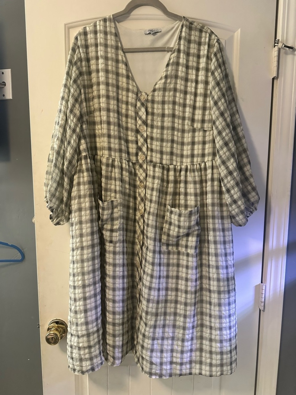 Cottagecore Plaid Button-Front Picnic Seersucker Midi Dress with Pockets - 2XL